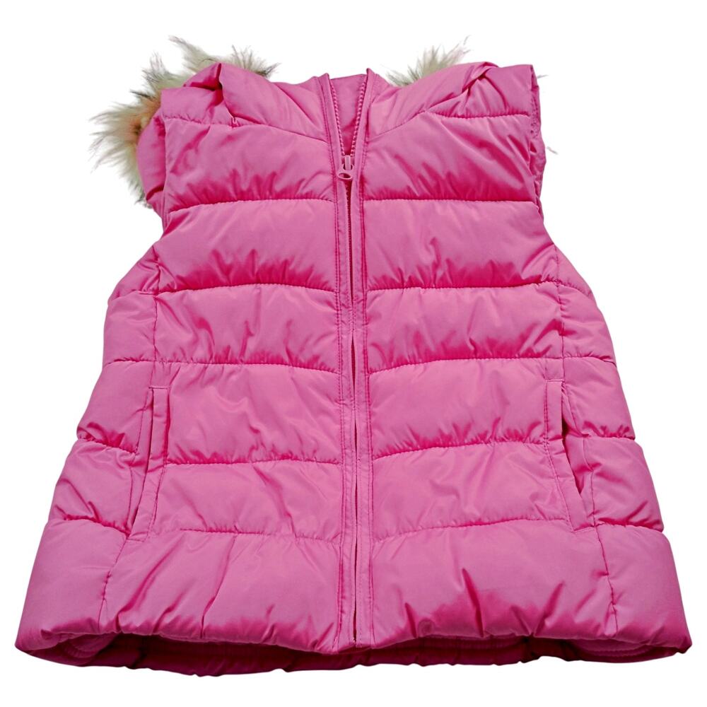 Gap Kids Pink Puffer Faux Fur Hooded Vest Girls SM 6-7 Quilted Pockets